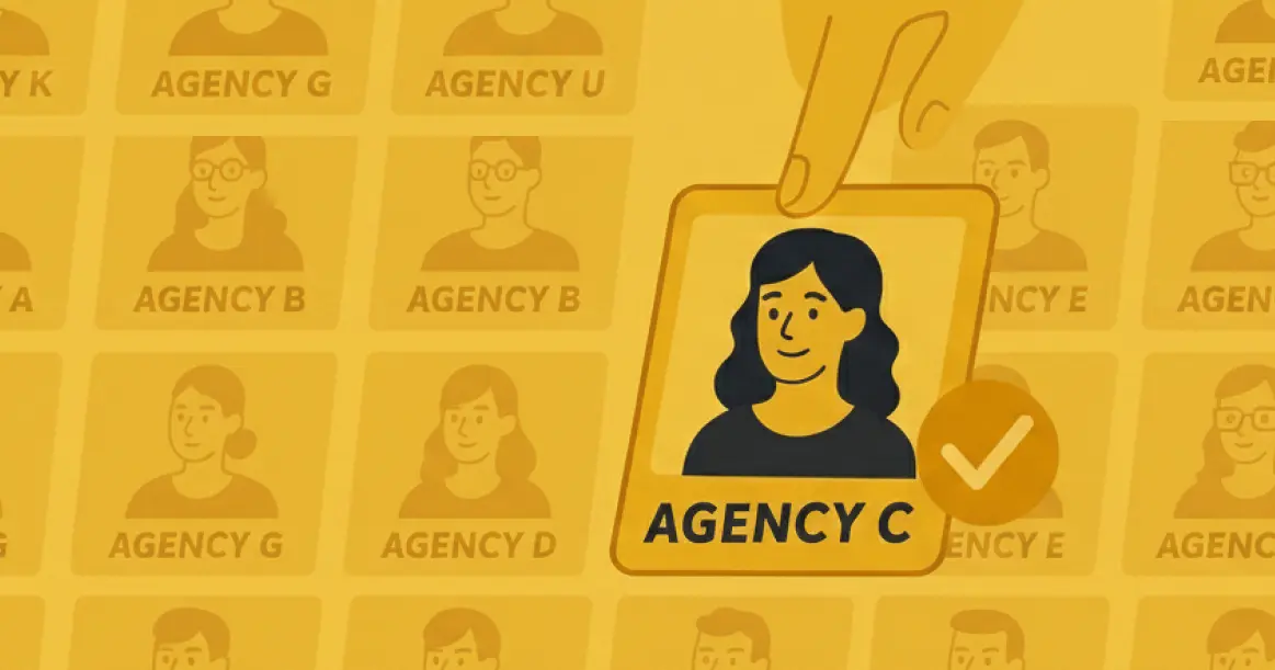 Hand selecting the best UI/UX agency card from competitors