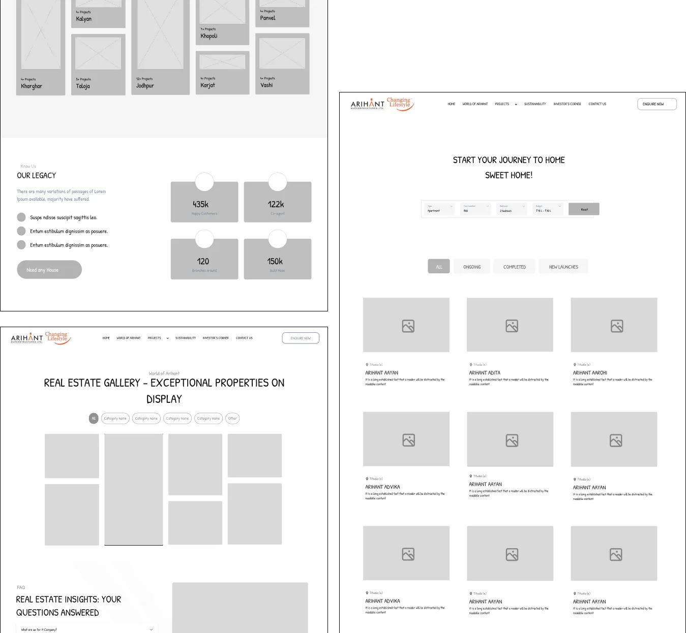 Wireframes showing the user journey designed by Youiocean for Arihant