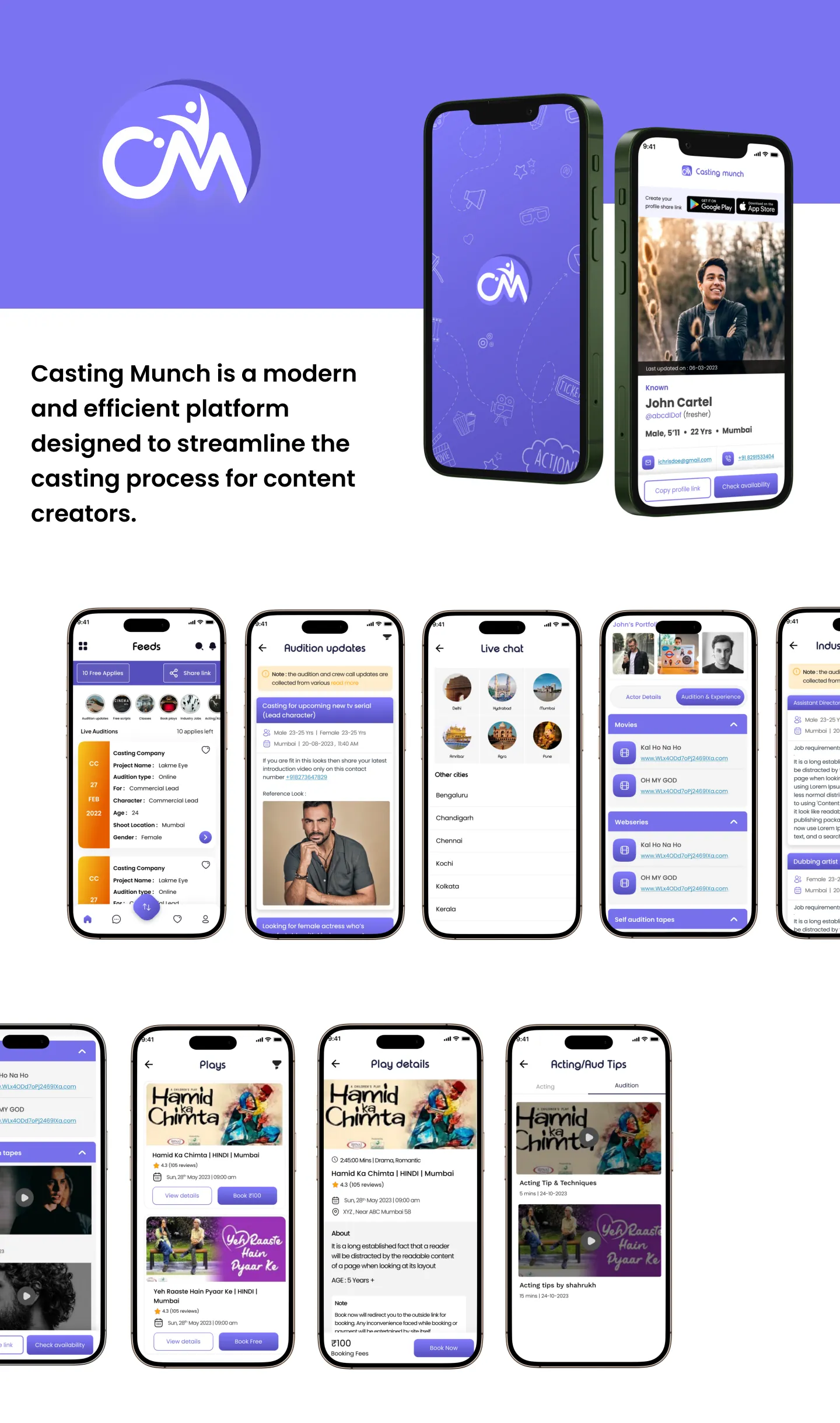 Final UI screens designed by Youiocean for Casting munch