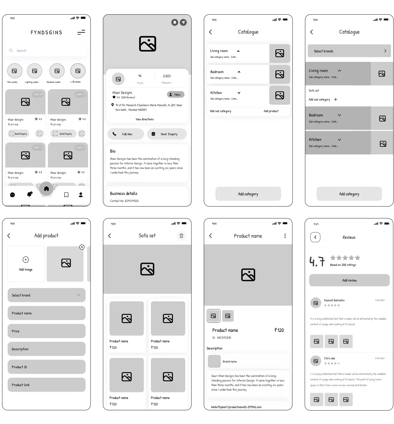 Wireframes showing the user journey designed by Youiocean Fyndsigns