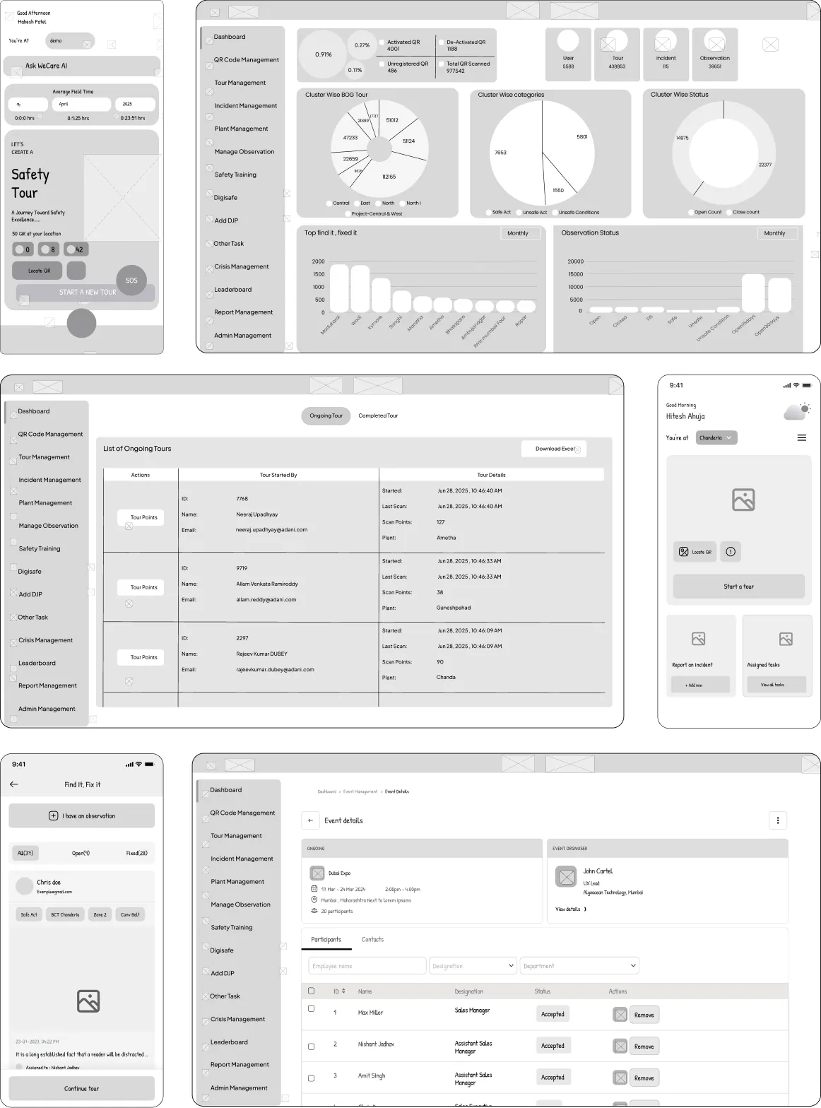 Wireframes illustrating the user journey with multiple features by Youiocean