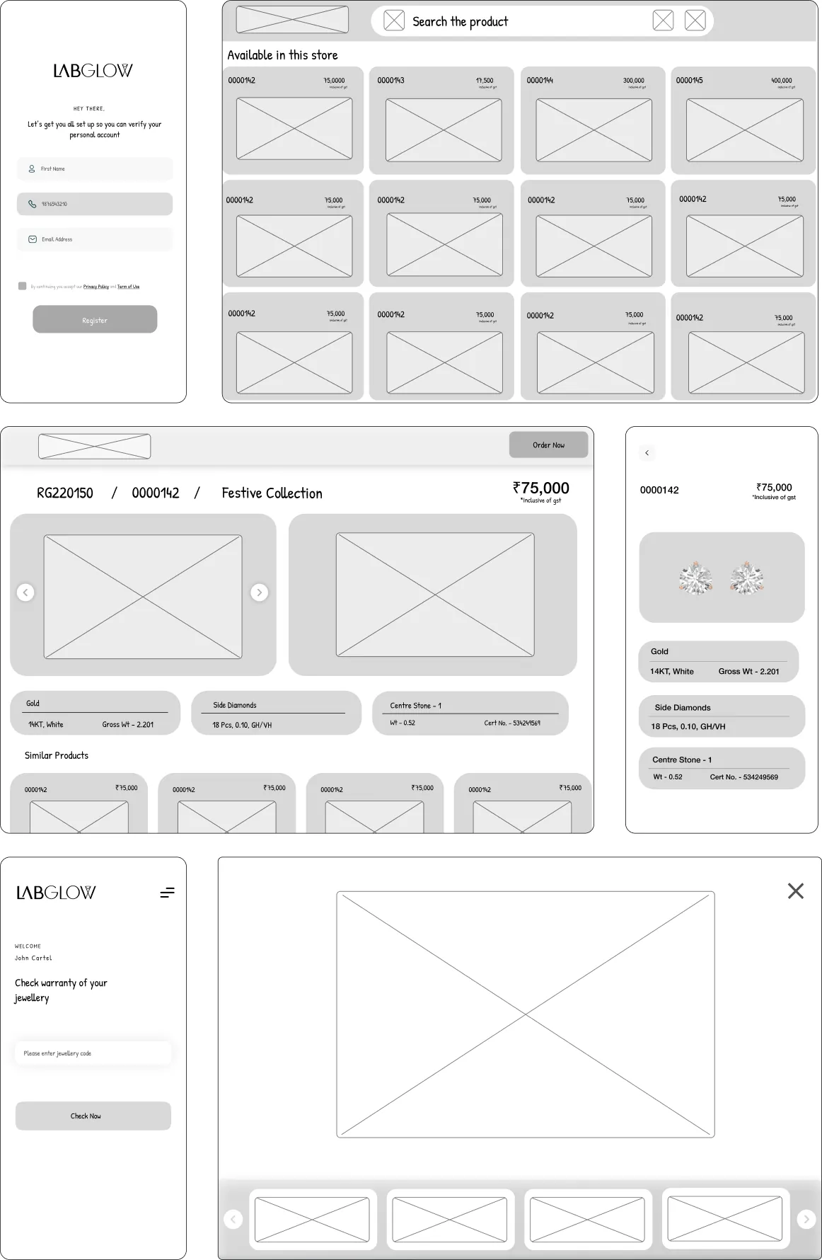 Wireframes showing the user journey designed by Youiocean LabGlow