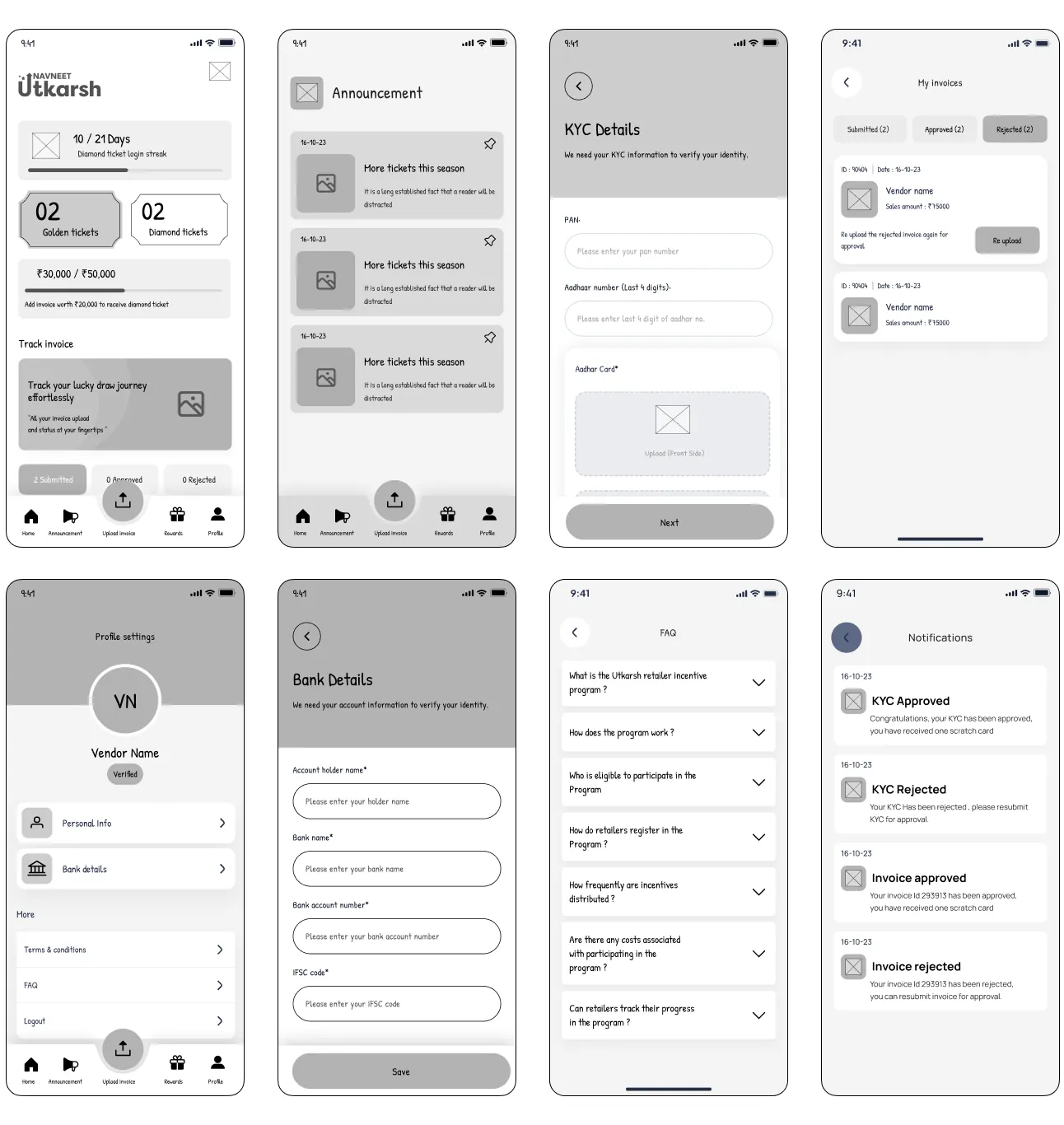 Wireframes showing the user journey designed by Youiocean for Navneet Utkarsh