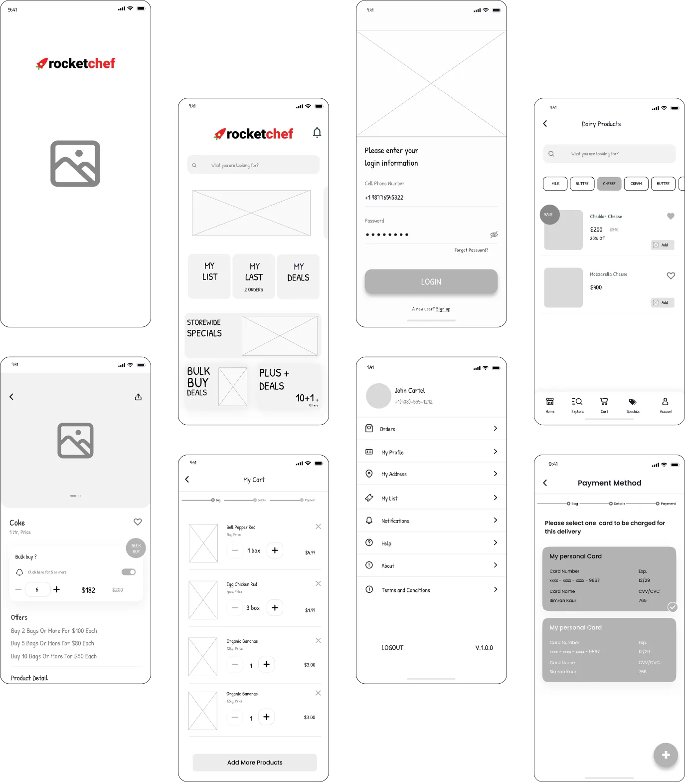 Wireframes showing the user journey designed by Youiocean for rocketchef