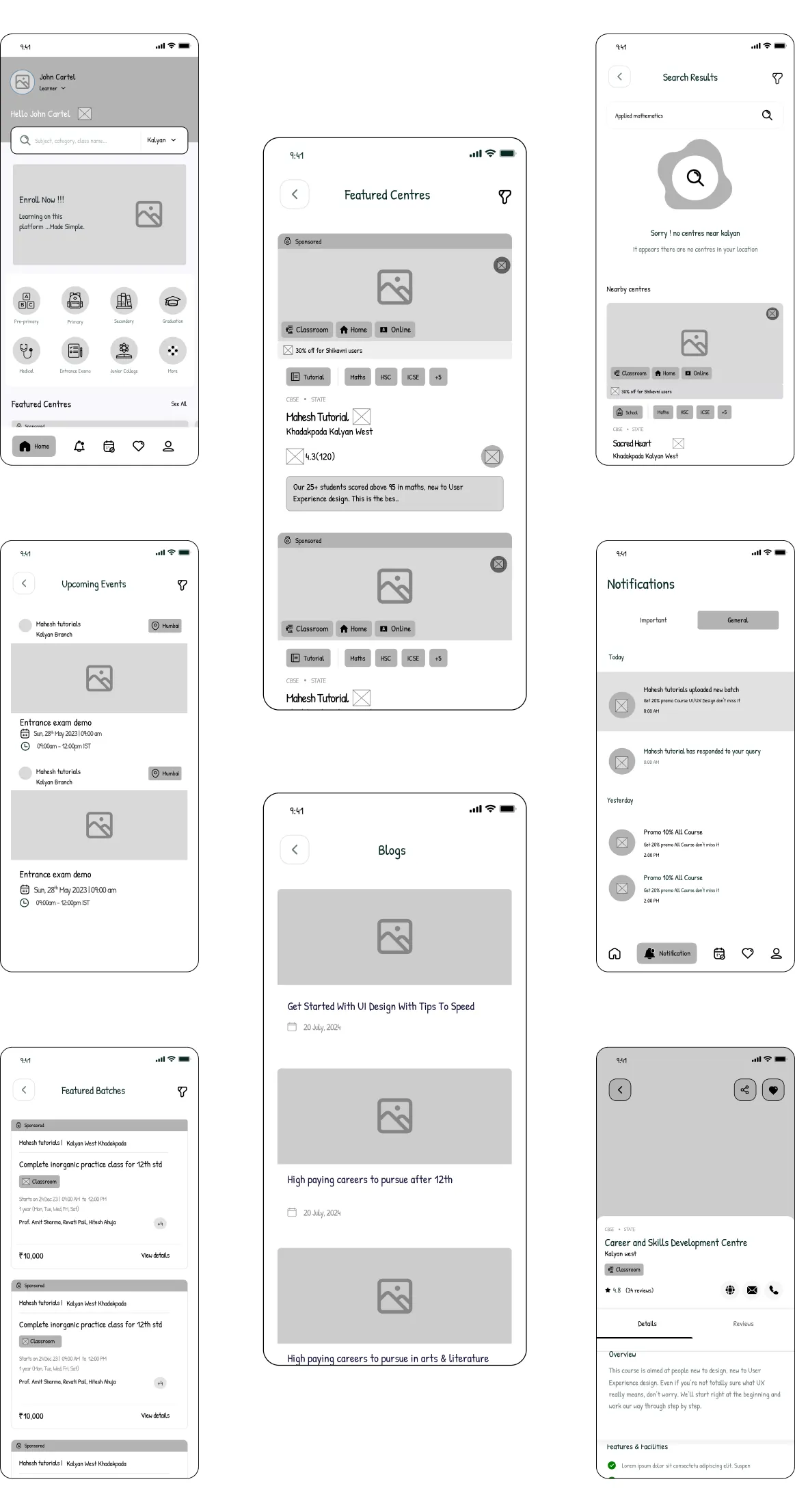 Wireframes showing the user journey designed by Youiocean Shikavni