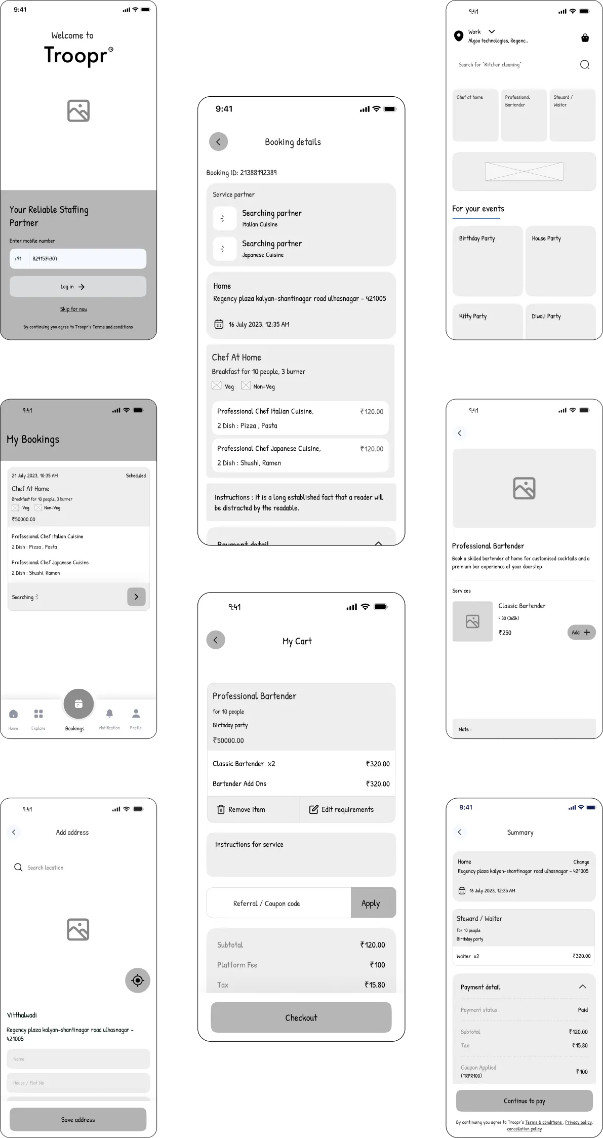 Wireframes showing the user journey designed by Youiocean for Troopr