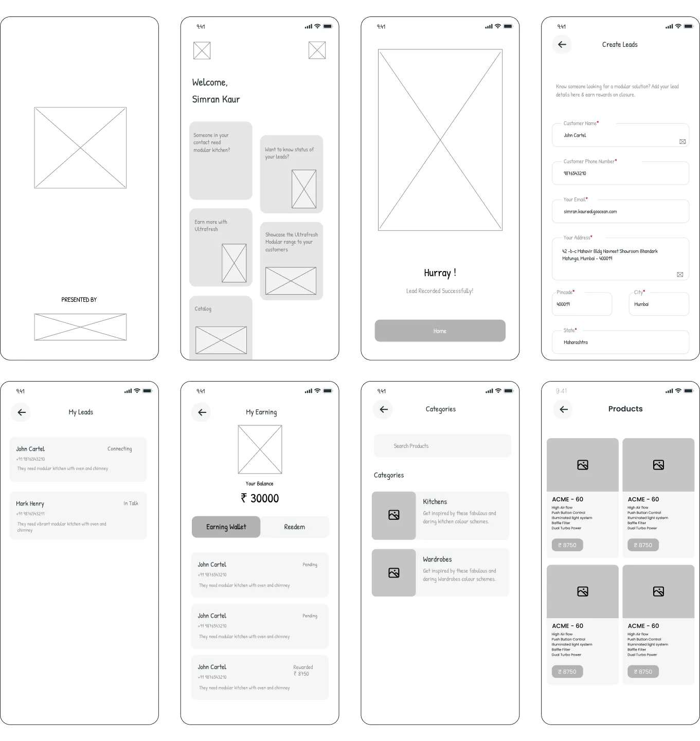 Wireframes showing the user journey designed by Youiocean for Ultradost