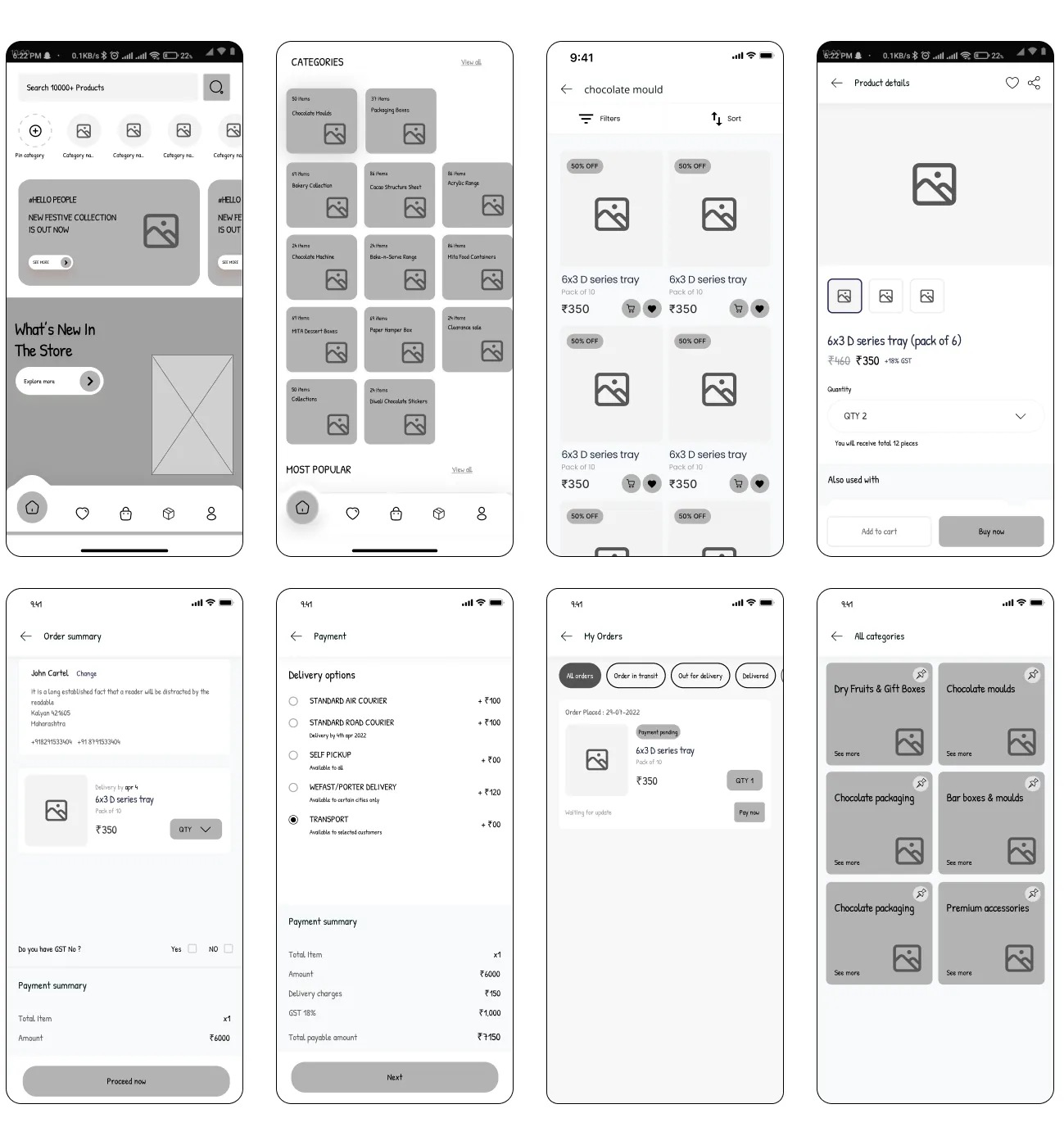 Wireframes showing the user journey designed by Youiocean IPFKART
