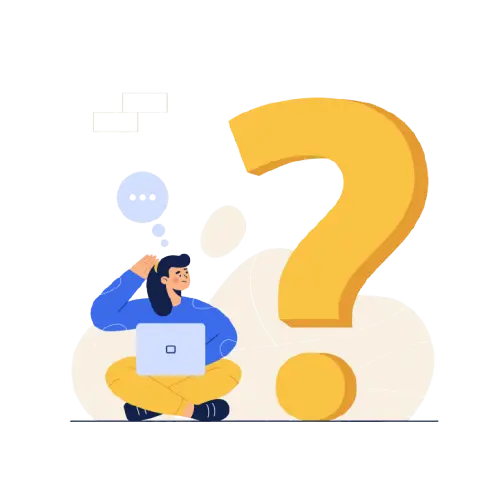 A person sitting with a laptop next to a large question mark representing design strategy