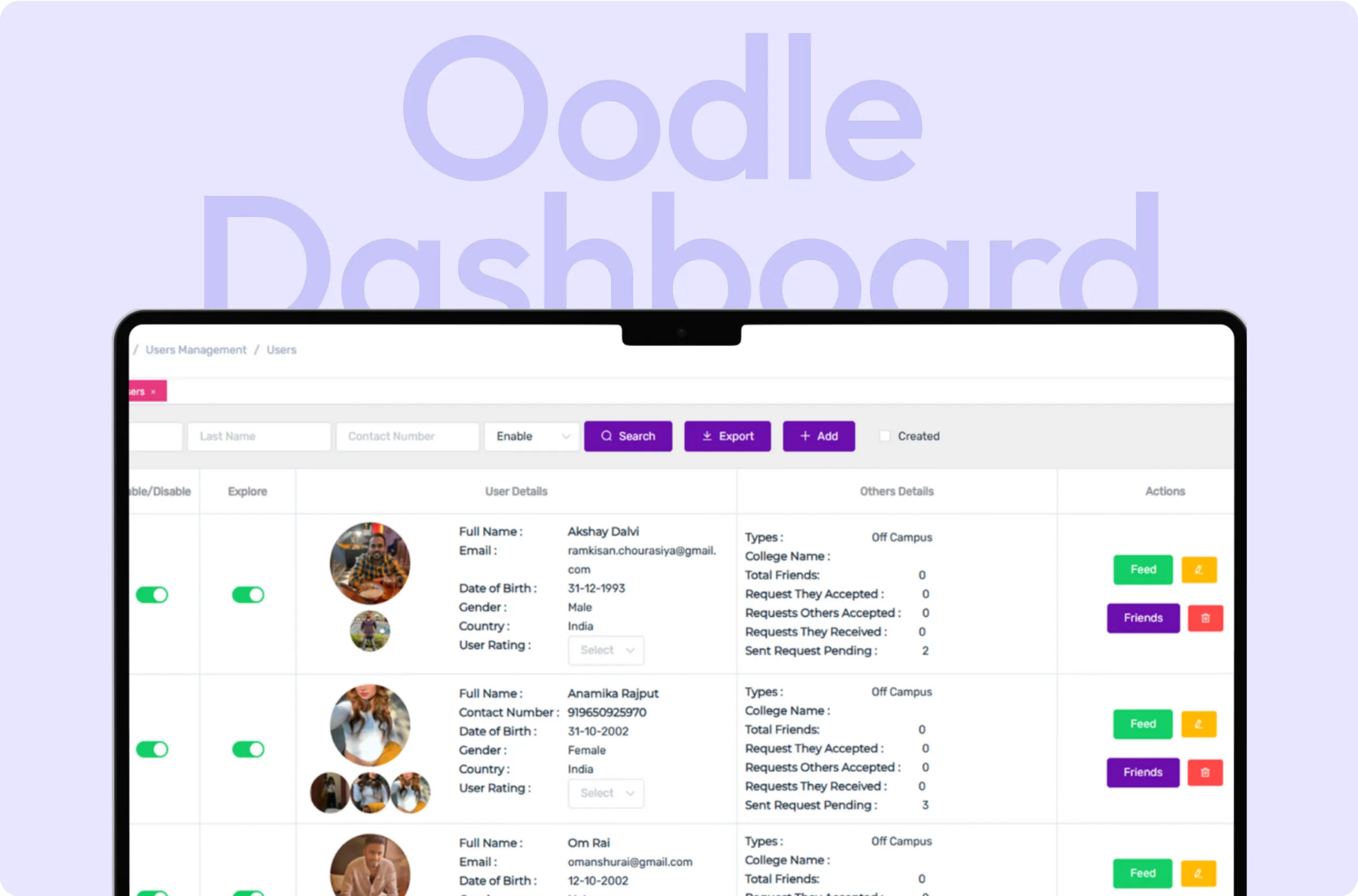 Friend-making dashboard UI – Oodle | Youiocean